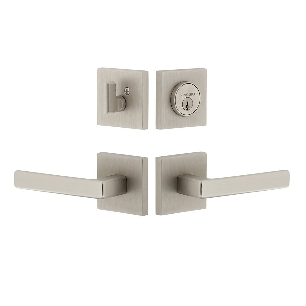 Quadrato Rosette with Lusso Lever and matching Deadbolt in Satin Nickel