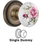 Single Dummy - Rope Rose with Rose Porcelain Knob in Antique Brass