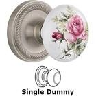 Single Dummy - Rope Rose with Rose Porcelain Knob in Satin Nickel