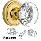 Passage Knob - Classic Rose with Round Clear Crystal Knob in Polished Brass