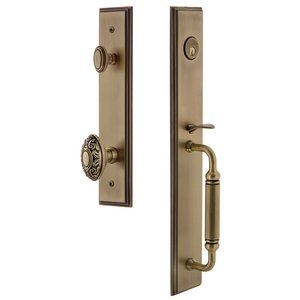 Grandeur Door Hardware - Carre - One-Piece Handleset with C Grip and Grande Victorian Knob in Satin Nickel
