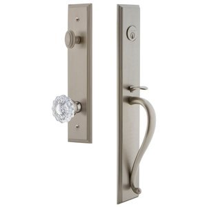 Grandeur Door Hardware - Carre - One-Piece Handleset with S Grip and Versailles Knob in Satin Nickel