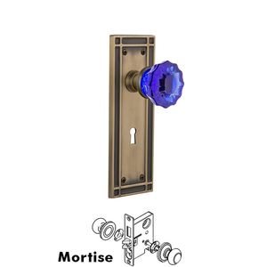 Nostalgic Warehouse - Complete Mortise Lockset with Keyhole - Mission Plate with Crystal Cobalt Glass Door Knob