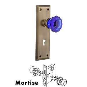 Nostalgic Warehouse - Complete Mortise Lockset - New York Plate Crystal Cobalt Glass Door Knob