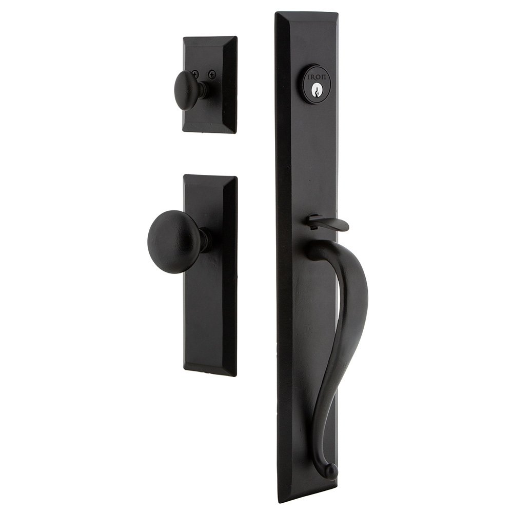 Keep One-Piece Dummy Handleset with A Grip with Keep Plate and Keep Knob in Black Iron