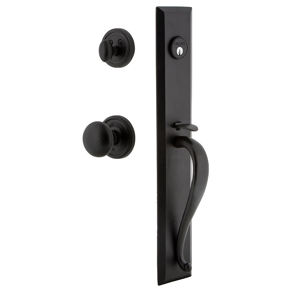 Keep One-Piece Dummy Handleset with A Grip with Loch Rosette and Keep Knob in Black Iron