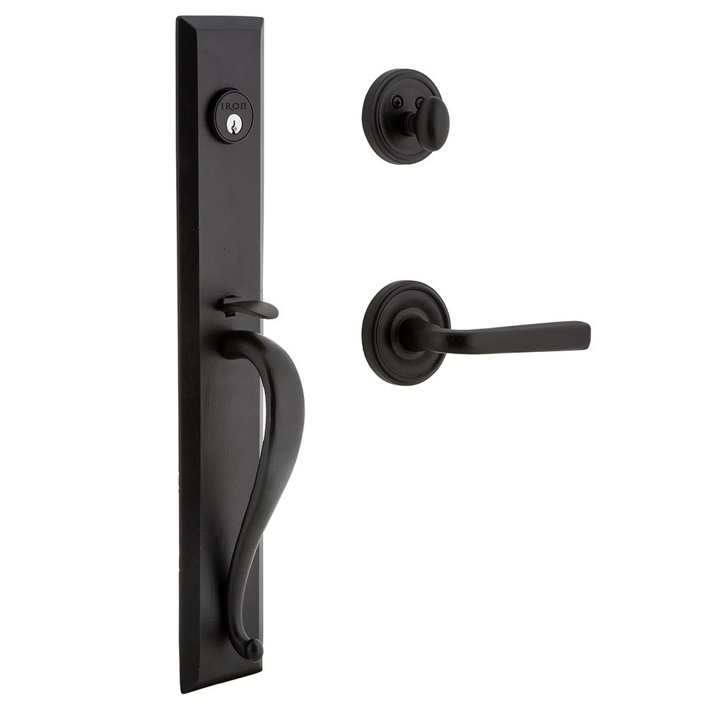 Keep One-Piece Dummy Handleset with A Grip with Loch Rosette and Lance Lever in Black Iron