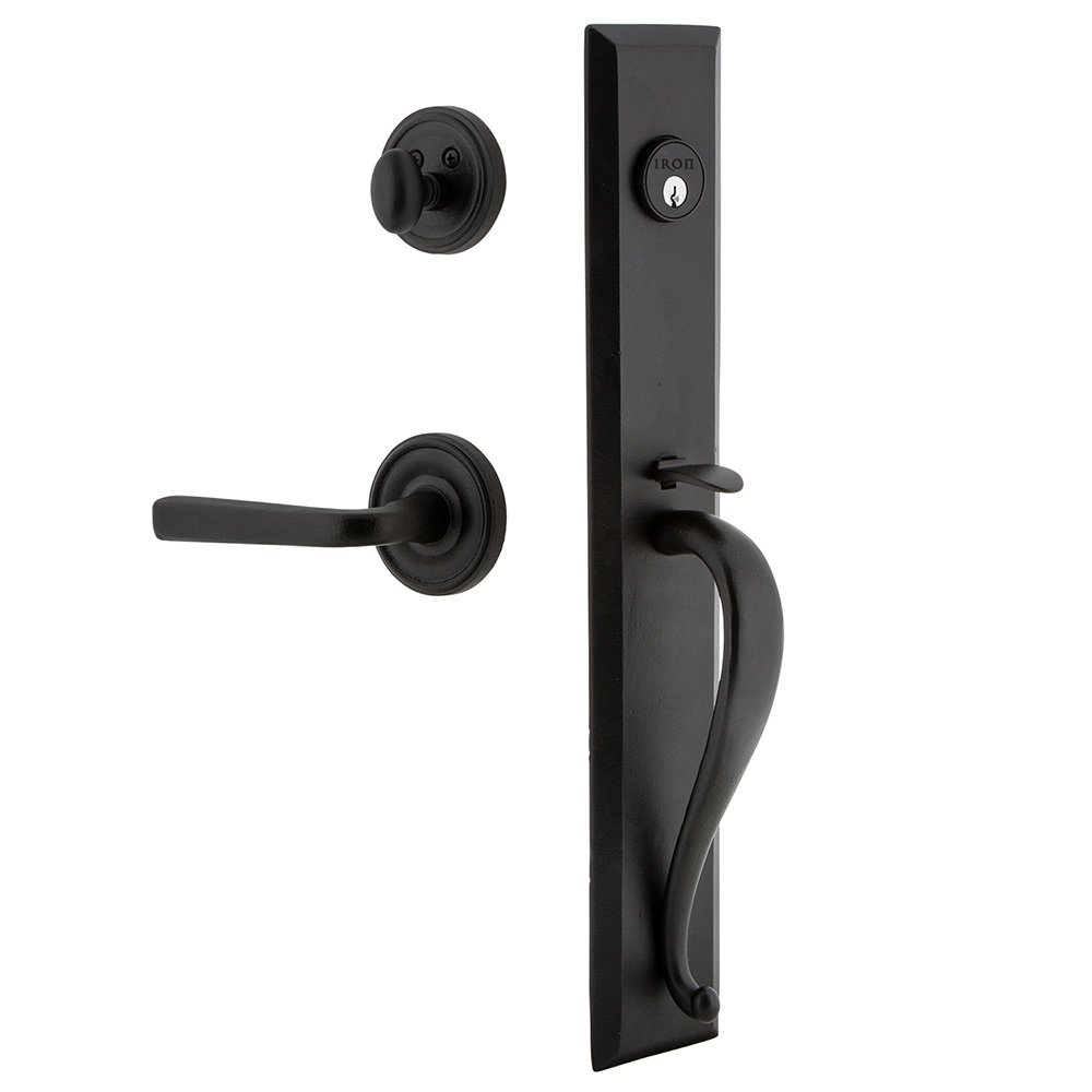 Keep One-Piece Dummy Handleset with A Grip with Loch Rosette and Lance Lever in Black Iron