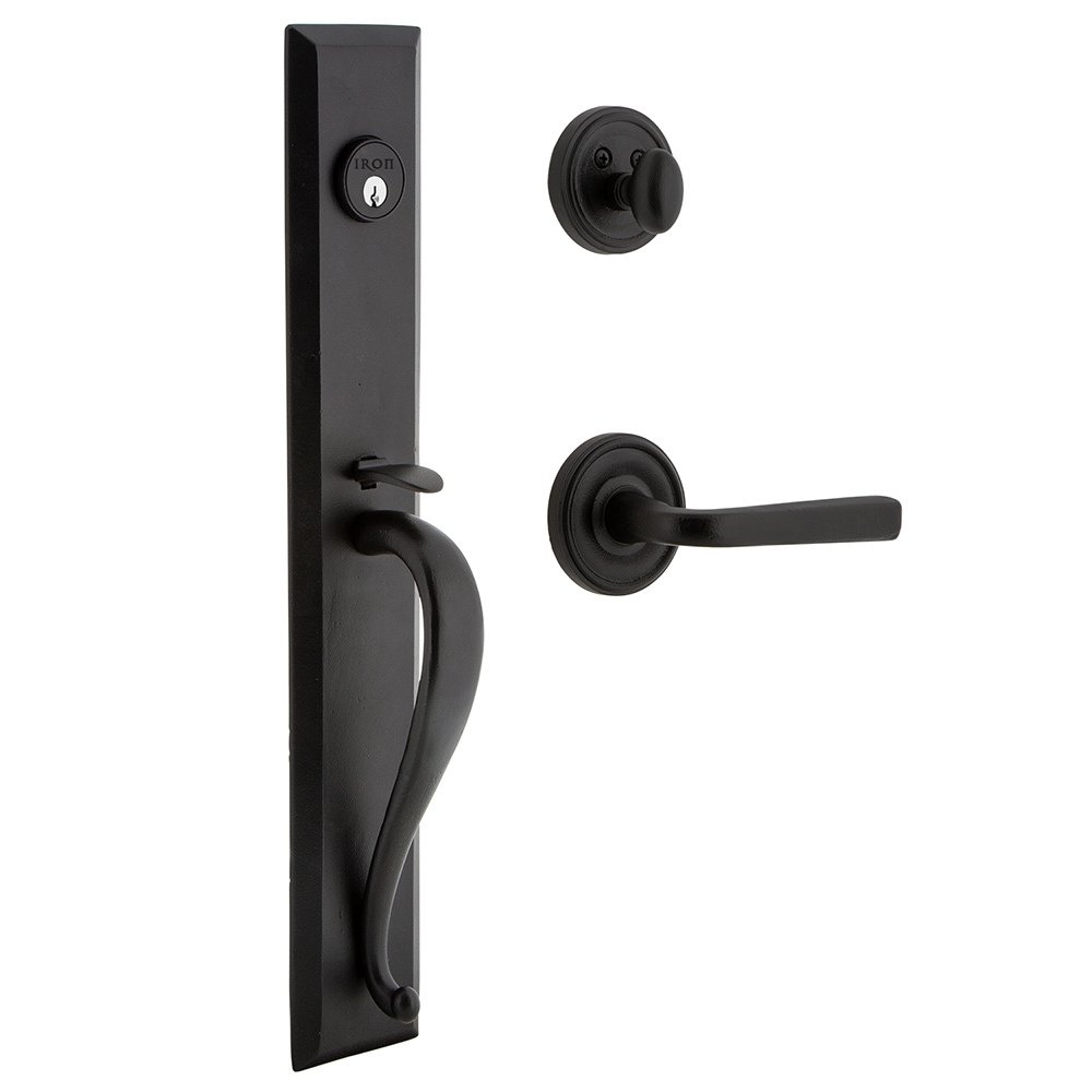 Keep One-Piece Handleset with A Grip with Loch Rosette and Lance Lever in Black Iron