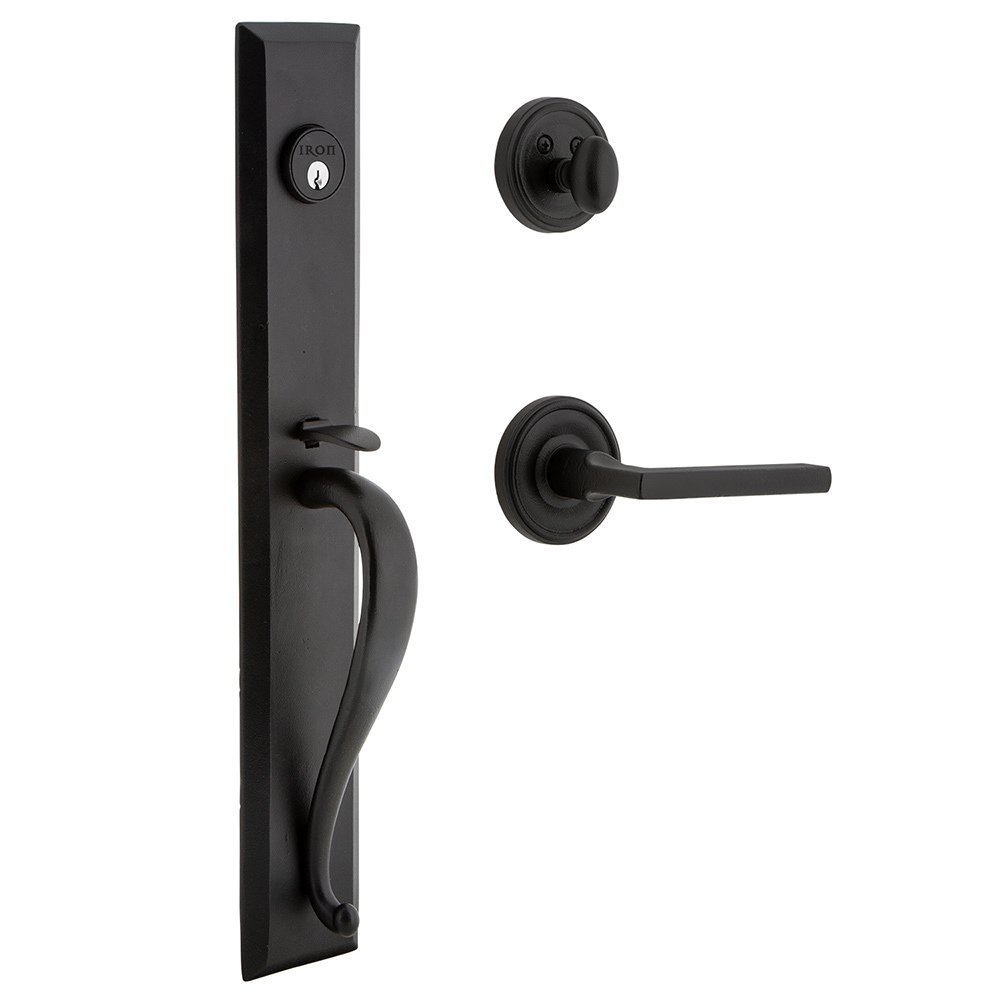 Keep One-Piece Handleset with A Grip with Loch Rosette and Dirk Lever in Black Iron