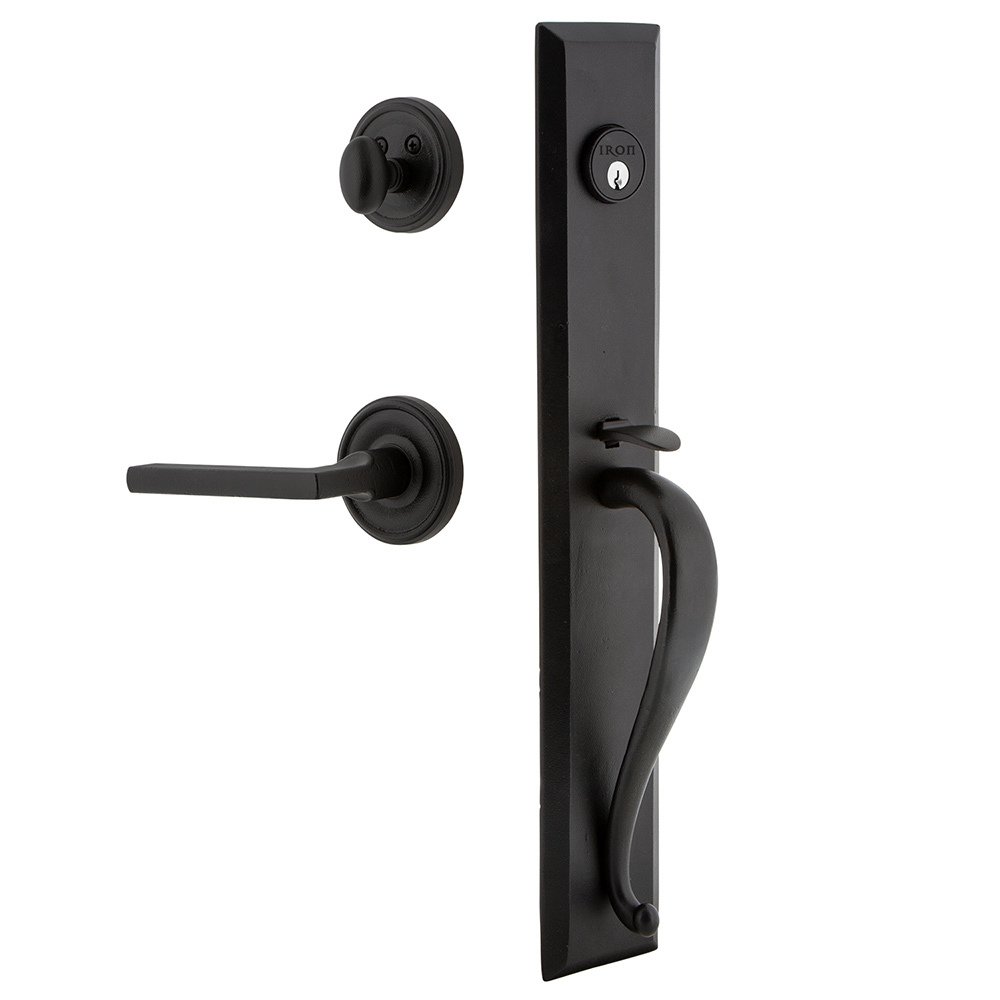 Keep One-Piece Handleset with A Grip with Loch Rosette and Dirk Lever in Black Iron