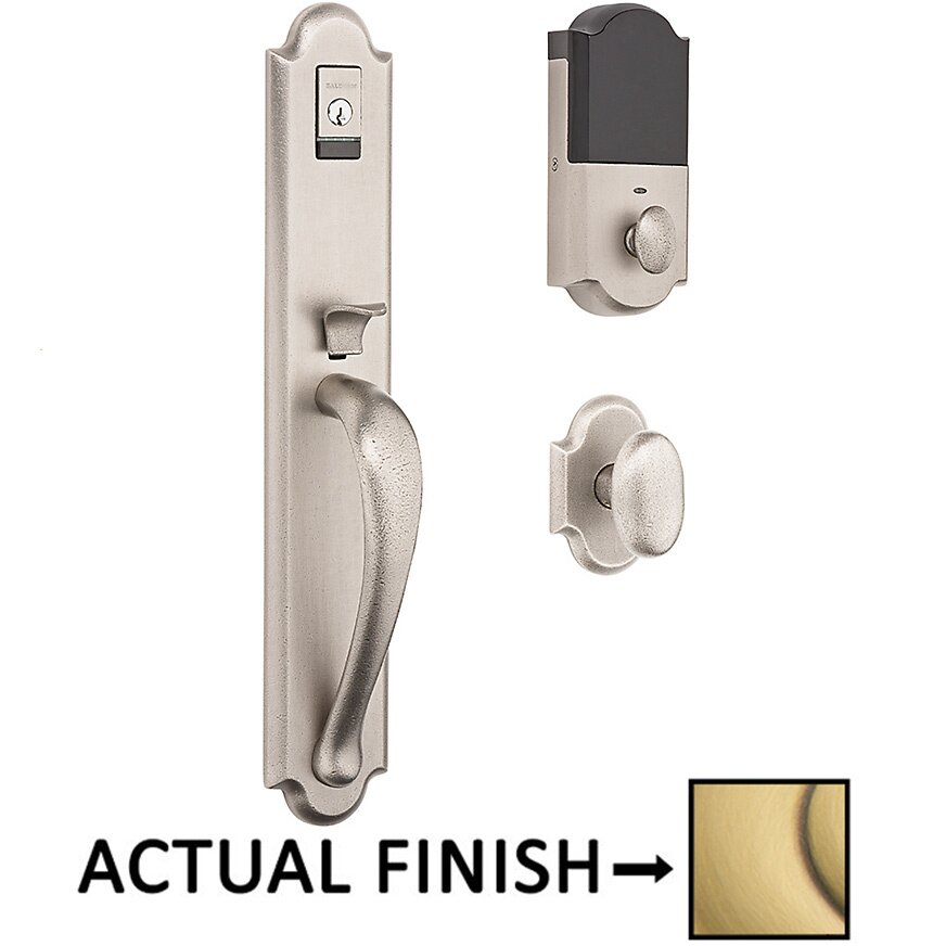Evolved Single Cylinder Bluetooth Handleset with Oval Knob in Satin Brass & Brown