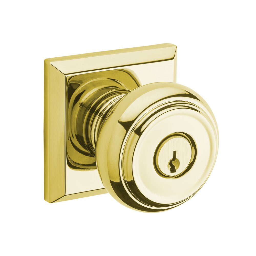 Keyed Entry Door Knob with Square Rose in Polished Brass