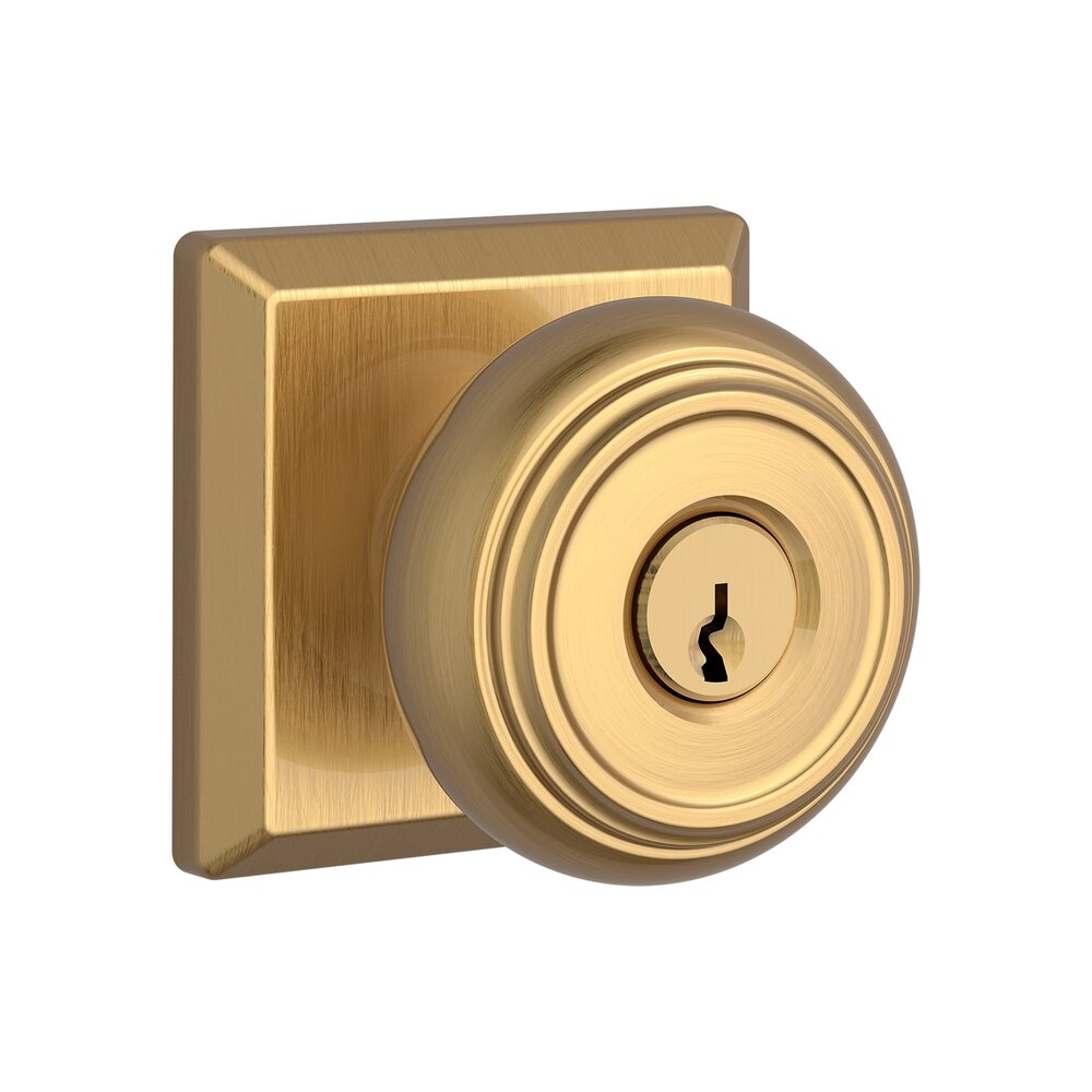 Keyed Entry Door Knob with Square Rose in PVD Lifetime Satin Brass