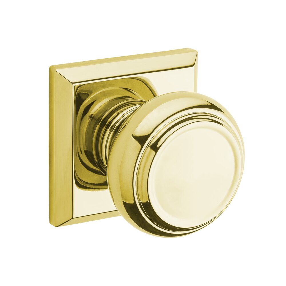 Passage Door Knob with Square Rose in Polished Brass