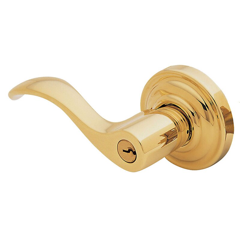 Left Handed Keyed Entry Door Lever with Classic Rose in Lifetime PVD Polished Brass
