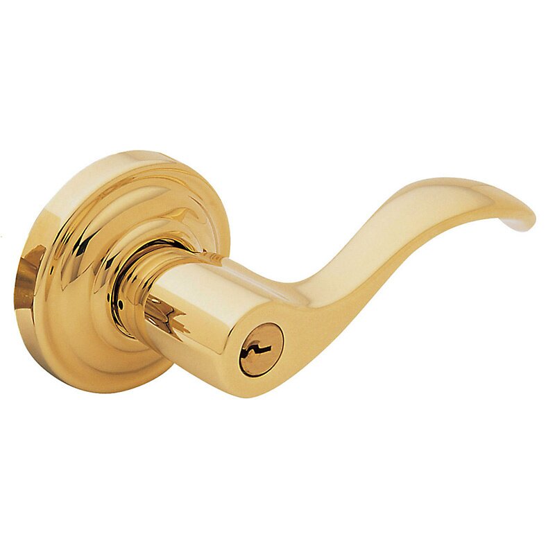Right Handed Keyed Entry Door Lever with Classic Rose in Lifetime PVD Polished Brass