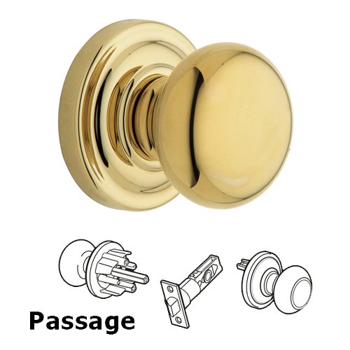Passage Door Knob with Rose in Polished Brass