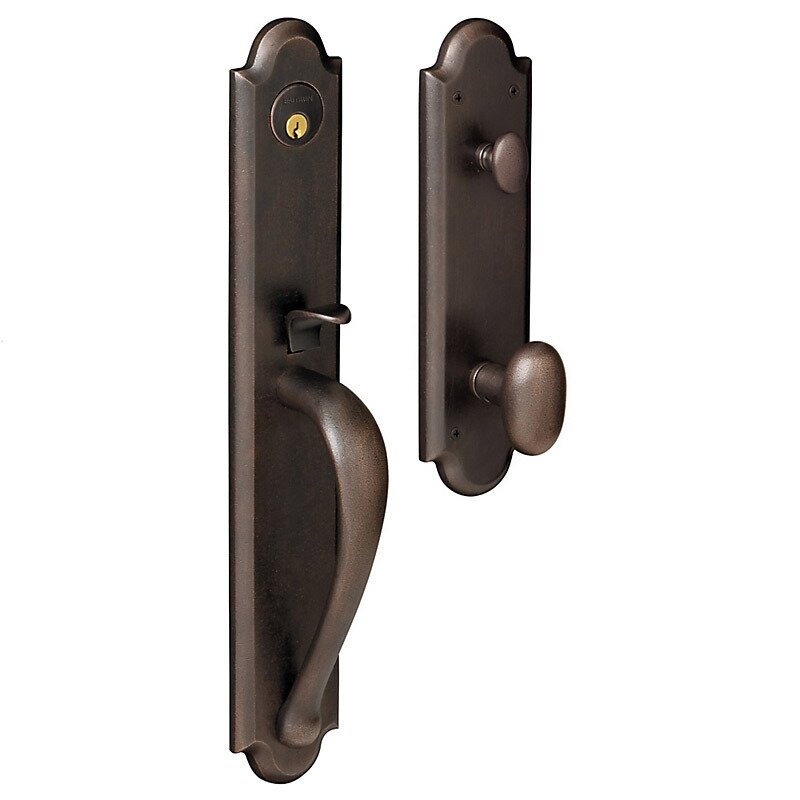 Full Escutcheon Single Cylinder Handleset with Oval Knob in Distressed Oil Rubbed Bronze