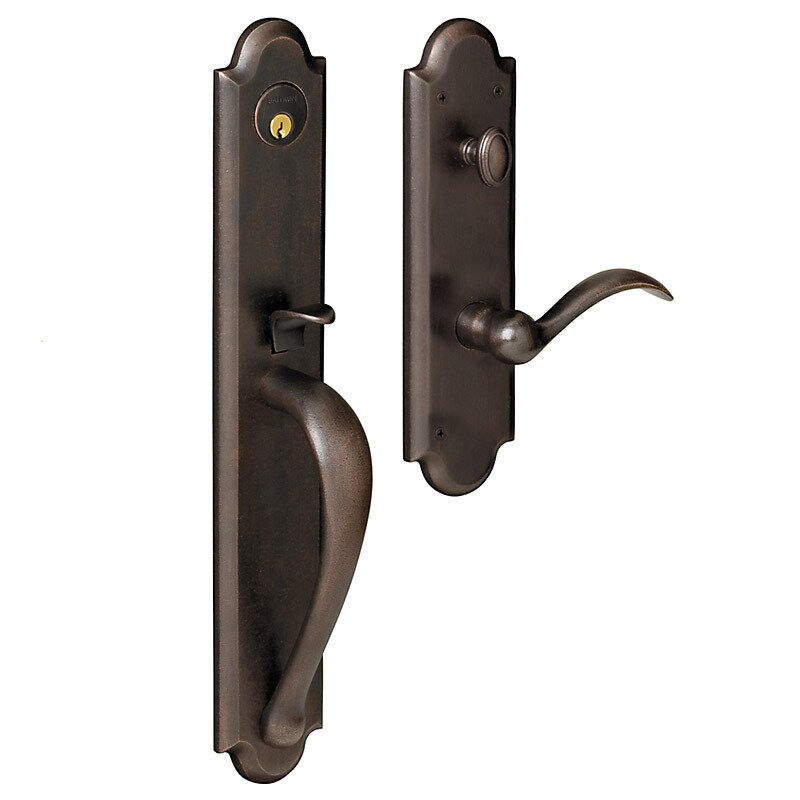 Full Escutcheon Left Handed Single Cylinder Handleset with Beavertail Lever in Distressed Oil Rubbed Bronze