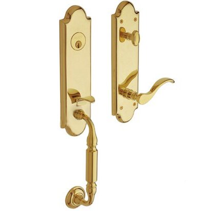 Escutcheon Left Handed Single Cylinder Handleset with Wave Lever in Unlacquered Brass