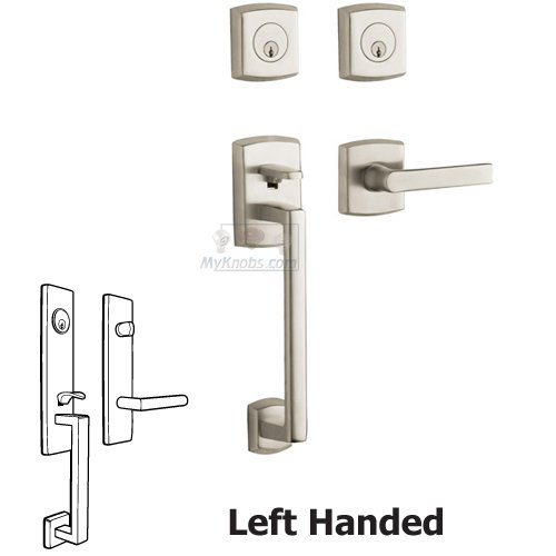 Sectional Left Handed Double Cylinder Handleset with Lever in Lifetime PVD Satin Nickel