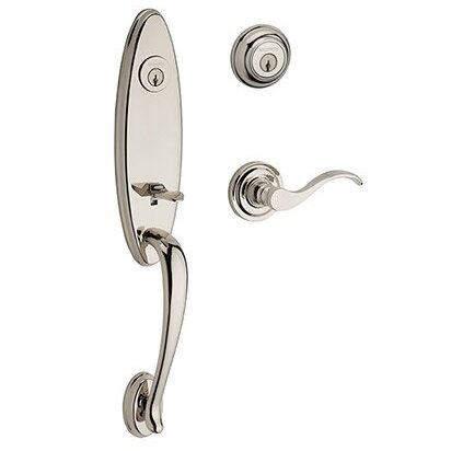 Left Handed Double Cylinder Chesapeake Handleset with Curve Door Lever with Traditional Round Rose in Polished Nickel