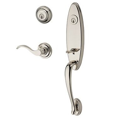 Right Handed Double Cylinder Chesapeake Handleset with Curve Door Lever with Traditional Round Rose in Polished Nickel