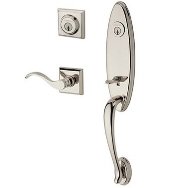 Right Handed Double Cylinder Chesapeake Handleset with Curve Door Lever with Traditional Square Rose in Polished Nickel