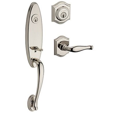 Left Handed Double Cylinder Chesapeake Handleset with Decorative Door Lever with Traditional Arch Rose in Polished Nickel