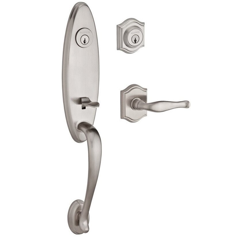 Handleset with Left Handed Decorative Lever and Traditional Arch Rose in Satin Nickel
