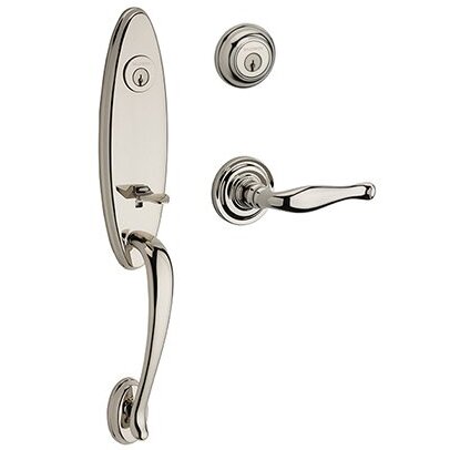 Left Handed Double Cylinder Chesapeake Handleset with Decorative Door Lever with Traditional Round Rose in Polished Nickel