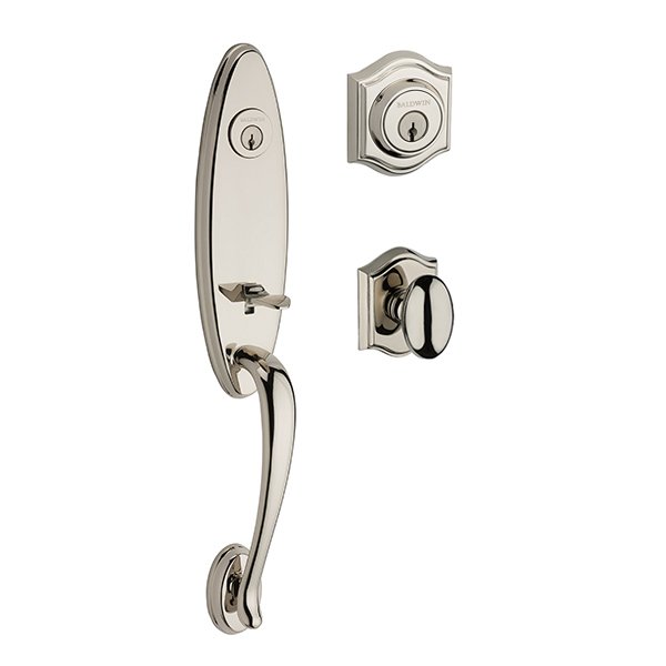 Double Cylinder Chesapeake Handleset with Ellipse Door Knob with Traditional Arch Rose in Polished Nickel
