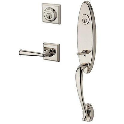 Right Handed Double Cylinder Chesapeake Handleset with Federal Door Lever with Traditional Square Rose in Polished Nickel