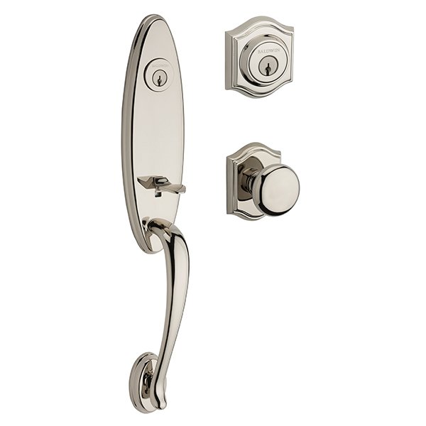 Double Cylinder Chesapeake Handleset with Round Door Knob with Traditional Arch Rose in Polished Nickel