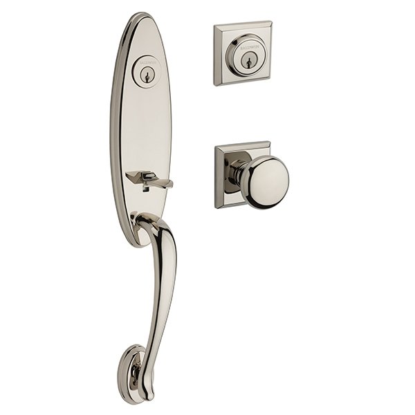 Double Cylinder Chesapeake Handleset with Round Door Knob with Traditional Square Rose in Polished Nickel