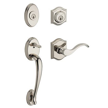 Left Handed Double Cylinder Columbus Handleset with Curve Door Lever with Traditional Arch Rose in Polished Nickel
