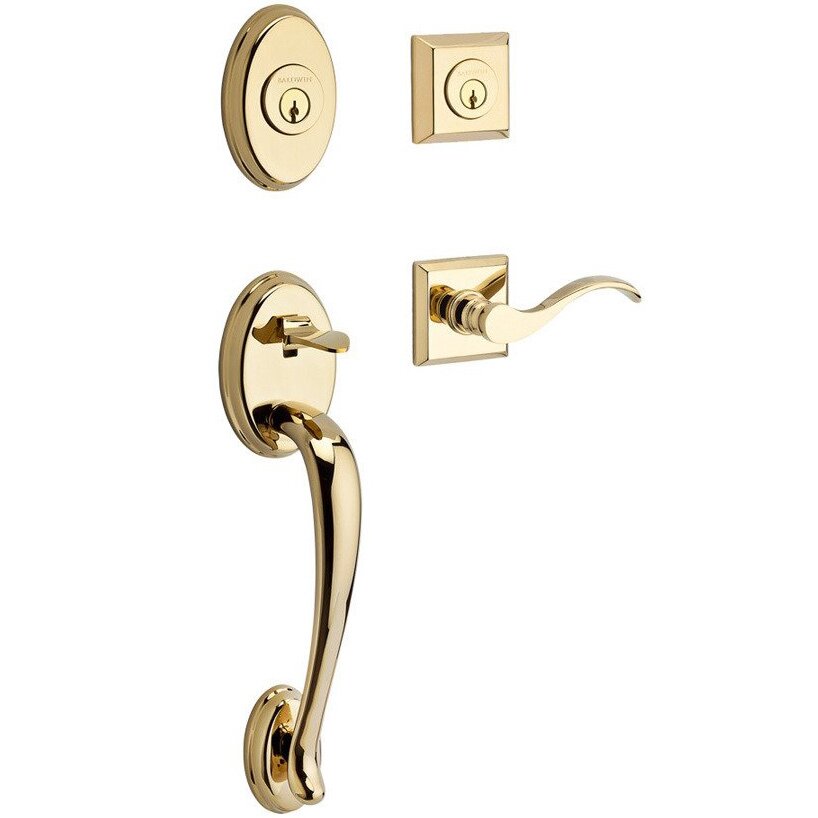 Handleset with Left Handed Curve Lever and Traditional Square Rose in Polished Brass