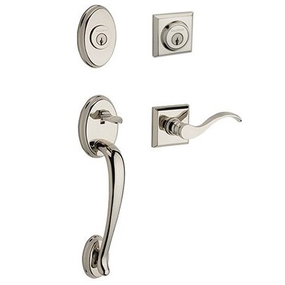 Left Handed Double Cylinder Columbus Handleset with Curve Door Lever with Traditional Square Rose in Polished Nickel
