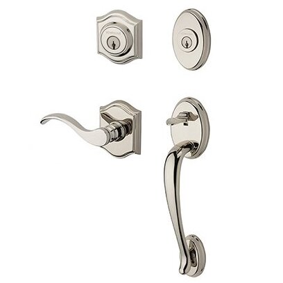 Right Handed Double Cylinder Columbus Handleset with Curve Door Lever with Traditional Arch Rose in Polished Nickel