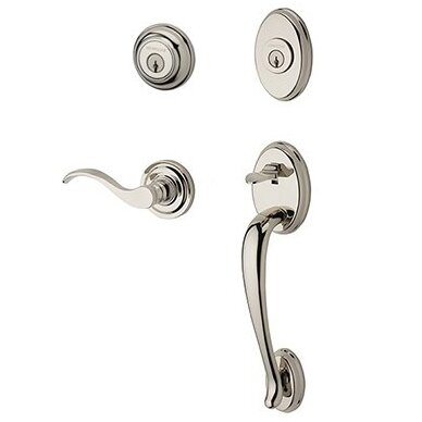 Right Handed Double Cylinder Columbus Handleset with Curve Door Lever with Traditional Round Rose in Polished Nickel