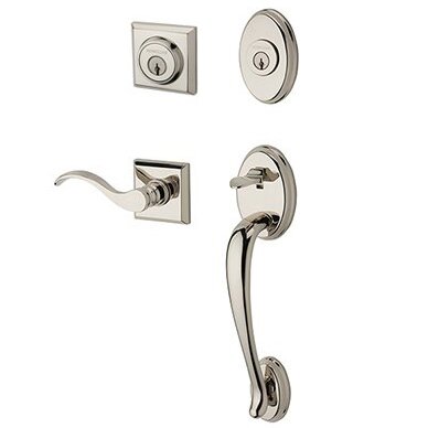Right Handed Double Cylinder Columbus Handleset with Curve Door Lever with Traditional Square Rose in Polished Nickel