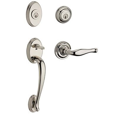 Left Handed Double Cylinder Columbus Handleset with Decorative Door Lever with Traditional Round Rose in Polished Nickel