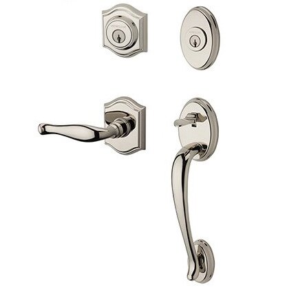 Right Handed Double Cylinder Columbus Handleset with Decorative Door Lever with Traditional Arch Rose in Polished Nickel