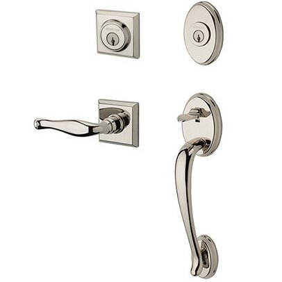 Right Handed Double Cylinder Columbus Handleset with Decorative Door Lever with Traditional Square Rose in Polished Nickel