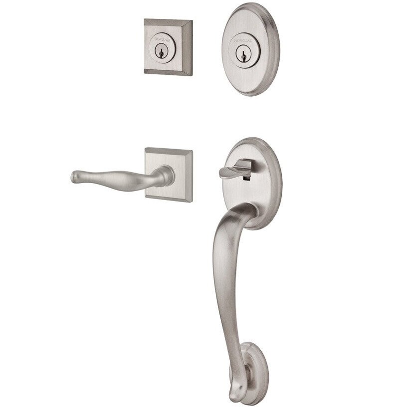 Handleset with Right Handed Decorative Lever and Traditional Square Rose in Satin Nickel