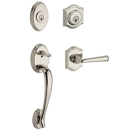 Left Handed Double Cylinder Columbus Handleset with Federal Door Lever with Traditional Arch Rose in Polished Nickel