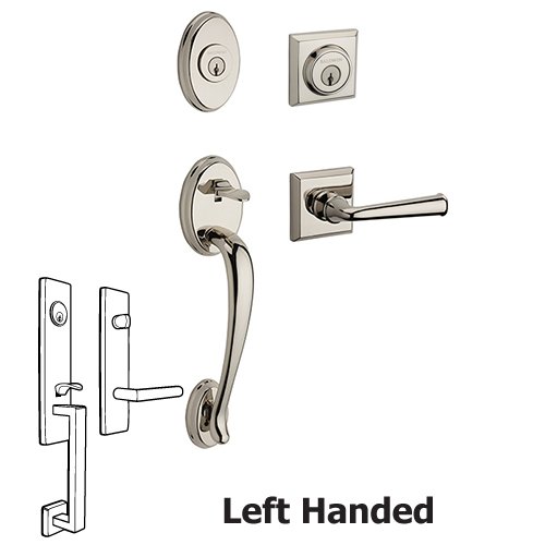 Left Handed Double Cylinder Columbus Handleset with Federal Door Lever with Traditional Square Rose in Polished Nickel