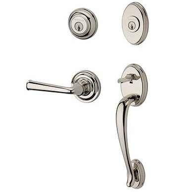 Right Handed Double Cylinder Columbus Handleset with Federal Door Lever with Traditional Round Rose in Polished Nickel