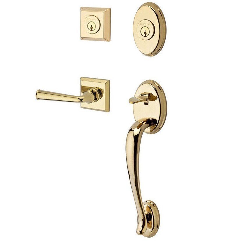 Handleset with Right Handed Federal Lever and Traditional Square Rose in Polished Brass